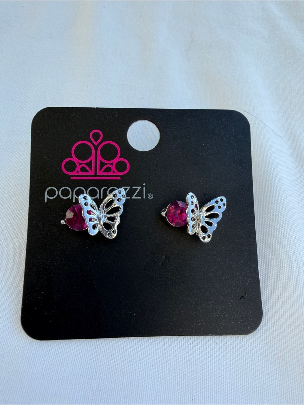 paparazzi Silver Butterfly Stud Earrings with Hot Pink Gem